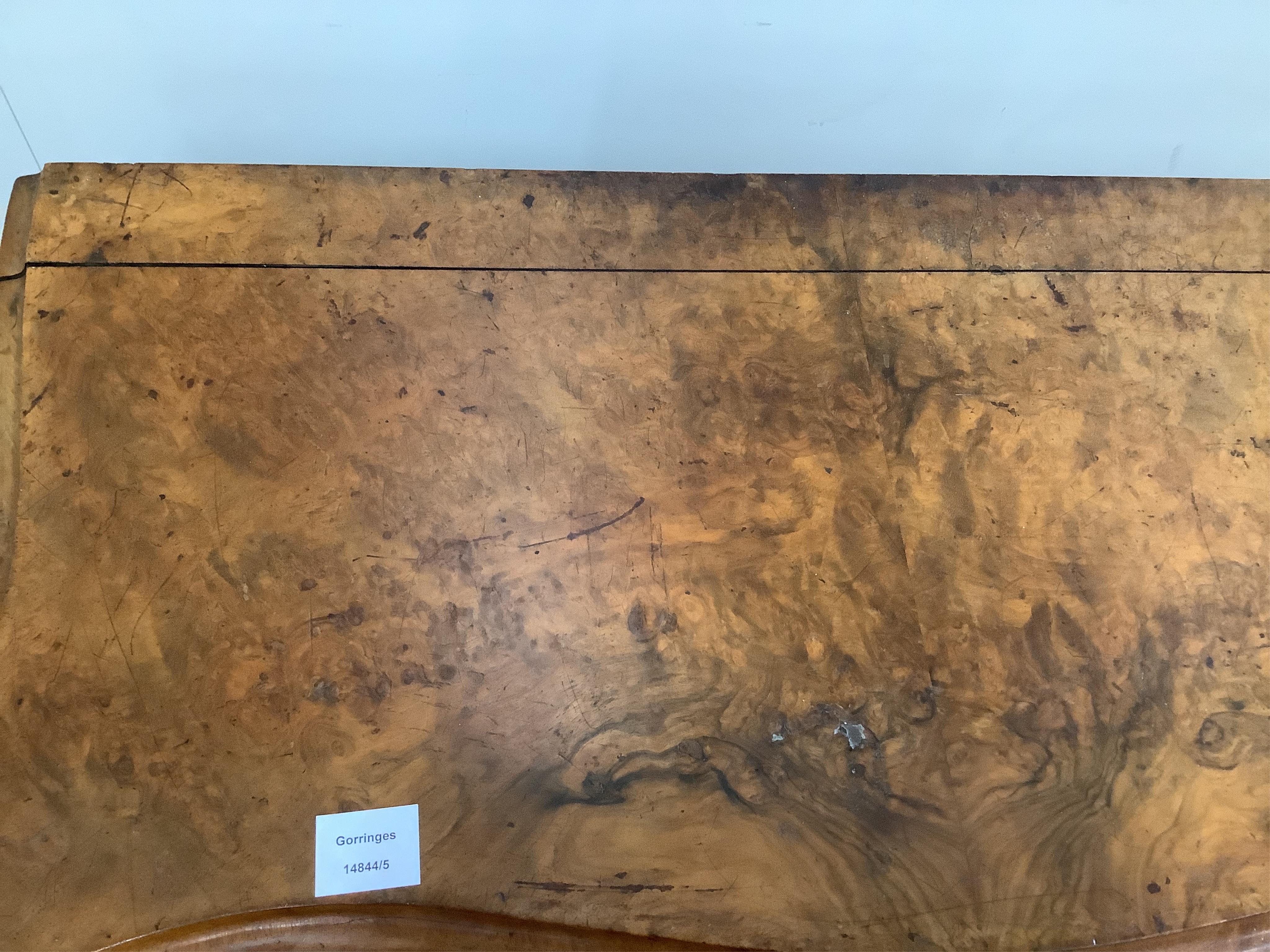 A Victorian burr walnut folding card table, width 92cm, depth 46cm, height 71cm. Condition - poor